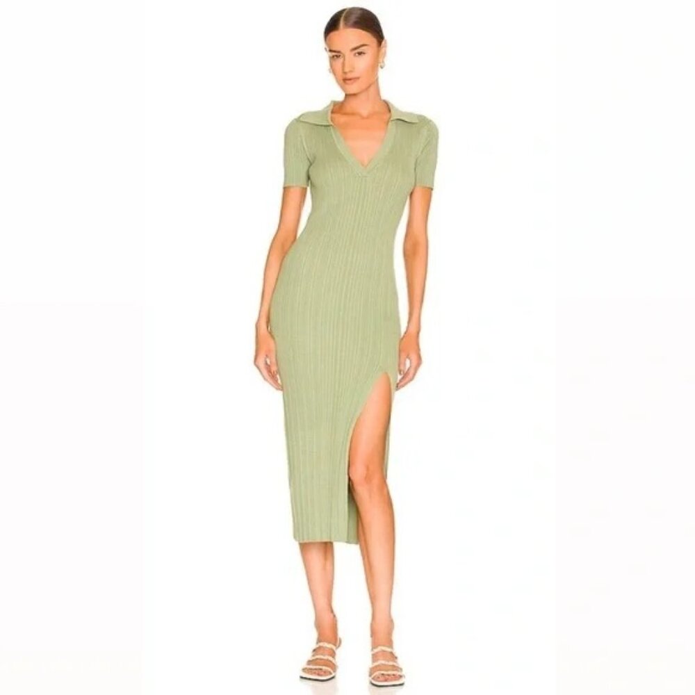 L’academie‎ Geneva Ribbed Knit Polo Midi Dress in Green Medium